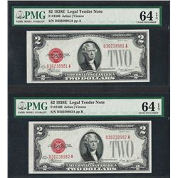 Lot of (2) Consecutive 1928E $2 Legal Tender Notes PMG Choice Uncirculated 64EPQ