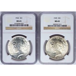 Lot of 1924-1925 $1 Peace Silver Dollar Coins NGC MS65