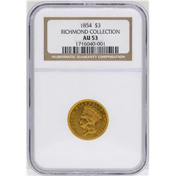 1854 $3 Indian Princess Head Gold Coin NGC AU53