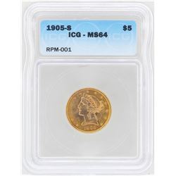 1905-S $5 Liberty Head Half Eagle Gold Coin ICG MS64