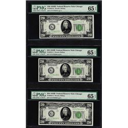 Lot of (3) 1928B $20 Federal Reserve Notes Fr.2052-G PMG Gem Uncirculated 65EPQ