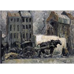 Alfred Ost , Opruiming (Paard met kar en figuren in een straat) (ca. 1920) , 1884-1945 ,  , Belgian 
