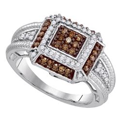 0.50 CTW Cognac-brown Color Diamond Square Cluster Roped Ring 10KT White Gold - REF-34N4F