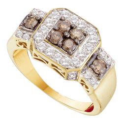 1 CTW Cognac-brown Color Diamond Square Cluster Ring 14KT Yellow Gold - REF-75N2F
