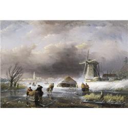Jan Jacob Spohler , Bevroren rivier met schaatsenrijders bij een windmolen , 1811-1866 ,  , Dutch Sc