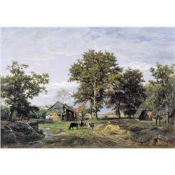 Théodore Fourmois , Paysage arboré et animé d'une ferme et d'animaux , 1814-1871 ,  , Belgian School