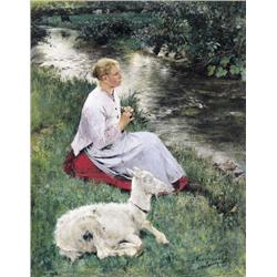 Evariste Carpentier , Breiende herderin met geitje , 1845-1922 ,  , Belgian School