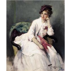 Fernand Toussaint , Zittende dame in witte jurk - La robe blanche , 1873-1956 ,  , Belgian School