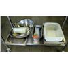 Image 1 : Various Kitchen Pots and Pans: Approx 5 Hotel Pans, 3 Large Bowls, Plastic Conatiners and 1 6" 1/3 P