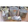 Image 1 : Assorted Kitchen Items - 2 Stock Pots, Wire Basket, Slicer, Sauce Pumps, Tools