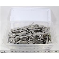 CONTAINER FILLED WITH SILVER TONE FLATWARE
