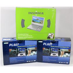 LOT OF 3 PORTABLE DVD PLAYERS 1-9' INSIGNIA &