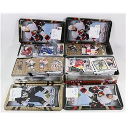 BOX OF ASSORTED TINS OF HOCKEY CARDS