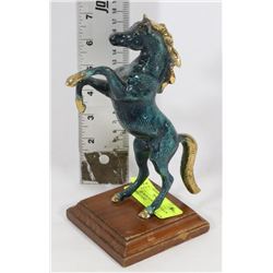 VINTAGE IRON HORSE STATUE ON WOODEN STAND