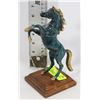 VINTAGE IRON HORSE STATUE ON WOODEN STAND