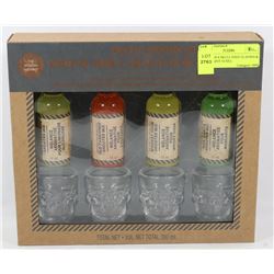 BOX WITH 4 SKULL SHOT GLASSES & 4 DIFFERENT MIXES