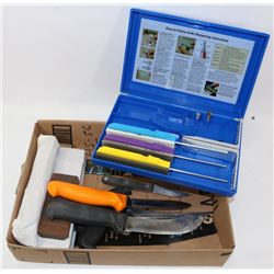 BOX OF KNIVES AND SHARPENING EQUIPMENT