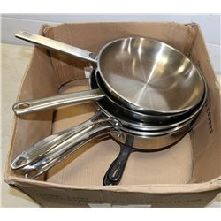 BOX OF ASSORTED FRYING PANS, INCLUDING HENCKELS