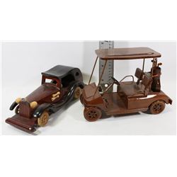 CARVED WOOD GOLF CART AND CADILLAC