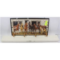 HORSE HAT RACK AND 3 IKEA FLOATING SHELVES.