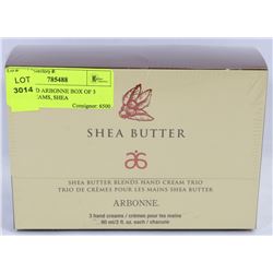 UNOPENED ARBONNE BOX OF 3 HAND CREAMS, SHEA