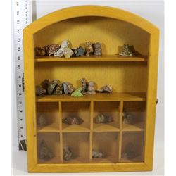 WOOD GLASS FRONT DISPLAY WITH 24 WADE FIGURES.