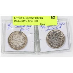 LOT OF 2- 50 CENT PIECES INCLUDING 1942, 1918