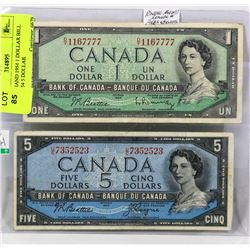 POKER HAND 1954 1 DOLLAR BILL WITH 1954 5 DOLLAR