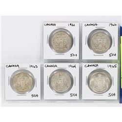 FIVE CANADA SILVER FIFTY CENT COINS 1961 – 1965