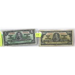 1937 CANADIAN 20 DOLLAR BANK NOTE WITH 1937 $1.00