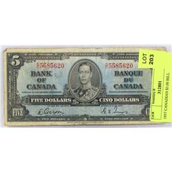 1937 CANADIAN $5.00 BILL