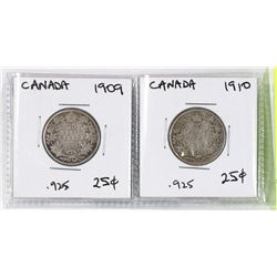 TWO CANADA SILVER TWENTY-FIVE CENT COINS,1909