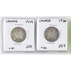 TWO CANADA SILVER TWENTY-FIVE CENT COINS 1929, AND
