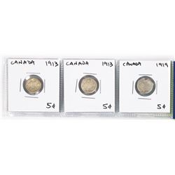 THREE CANADA SILVER FIVE CENT COINS 1913 ,1913 AND