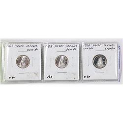 THREE CANADA SILVER TEN CENT COINS,1963,1965, 1966