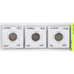 3 CANADA SILVER TEN CENT COINS, 1917,1918, 1928