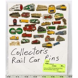 COLLECTION OF RAILROAD PINS WITH ENGINES AND CARS