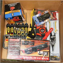 FLAT OF NEW TOOLS INCL CORDLESS SCREWDRIVER,