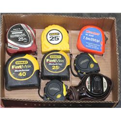 BOX W/SEVEN MEASURING TAPES. STANLEY 40' ETC.