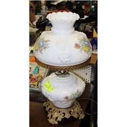 VINTAGE HURRICANE TABLE LAMP MILK GLASS PAINTED