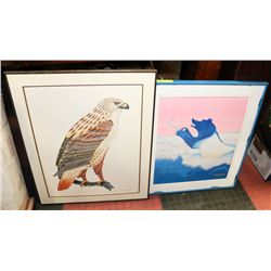 2 NATIVE ART PRINTS BEAR AND HAWK.