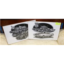 PAIR OF BLACK & WHITE VINTAGE CAR PRINTS 17 X 12