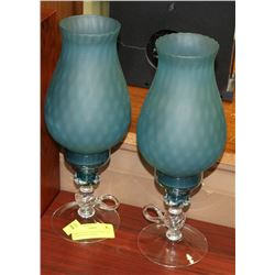 PAIR OF BLUE GLASS HURRICANE LAMP STYLE CANDLE