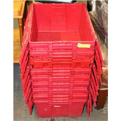 9 RED STACKING STORAGE CONTAINERS,