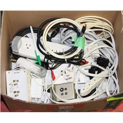 BOX OF EXTENSION CORDS AND MULTI PLUGS