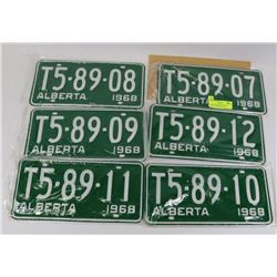 LOT OF 6 CONSECUTIVE 1968 ALBERTA LICENSE PLATES