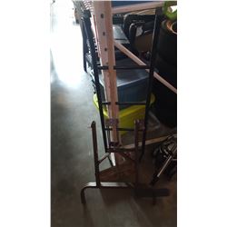 CONCRETE FINISHING TOOL AND PAIR FOLDING TABLE LEGS AND HOOK ON LADDER