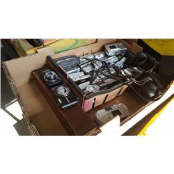 BOX LOT OF ASSORTED DIGITAL CAMERAS AND PLAYER PIANO ROLL