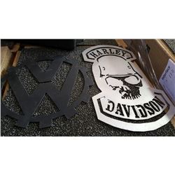 TWO METAL CUTOUTS OF HARLEY DAVIDSON AND VW