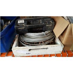 WOOD TRAYS OF TOOLS, TIRE CHAINS AND WIRE